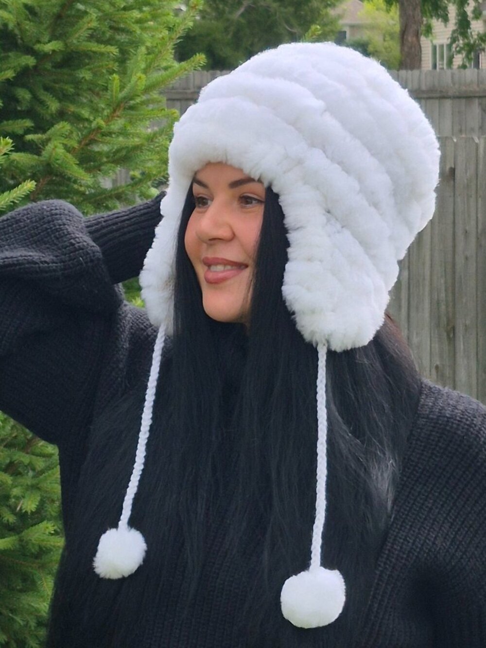 White Rex Rabbit Fur Earflap Hat, Fluffy Skandinavia Aleutka Beanie